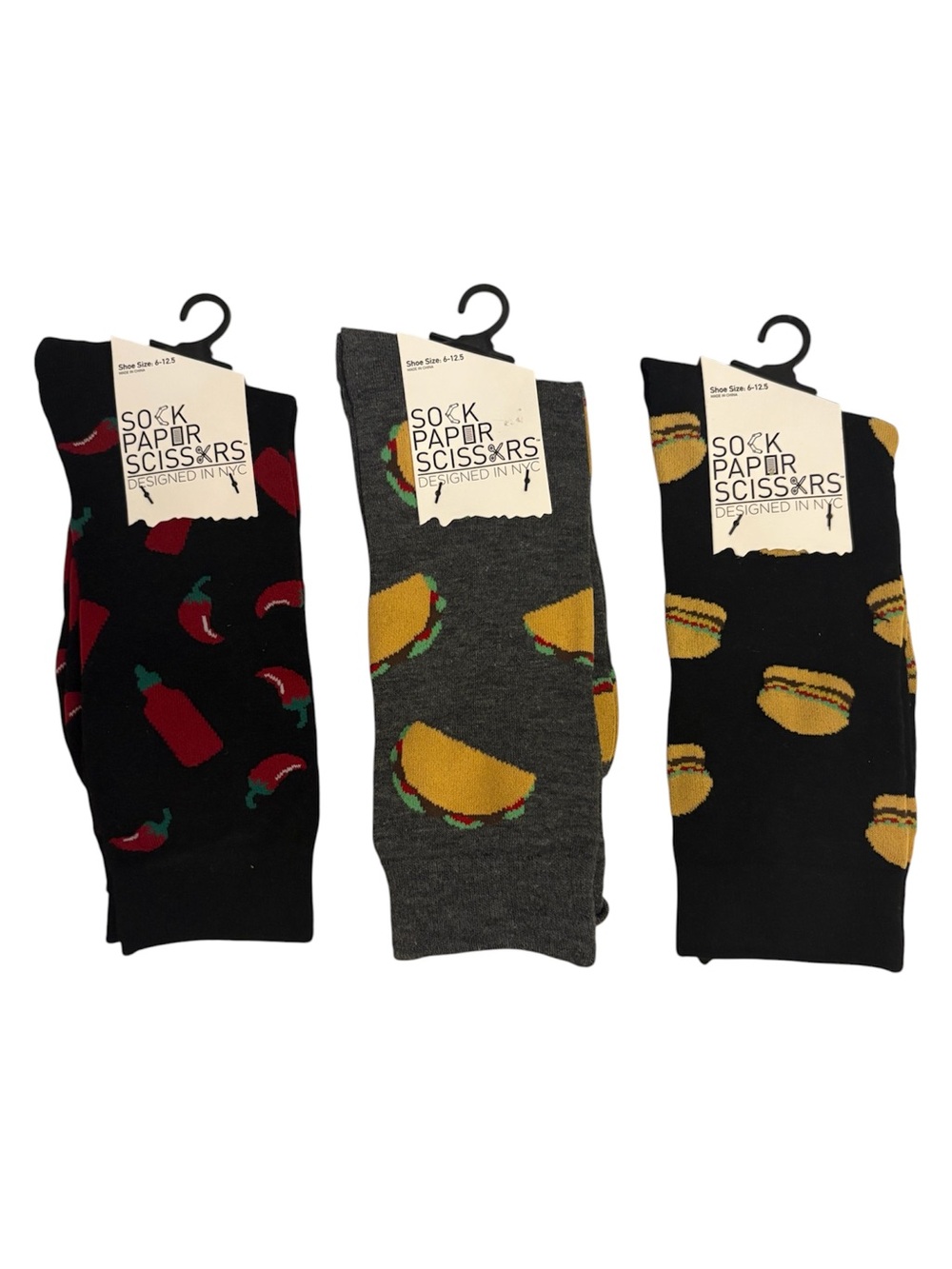 SOCK PAPER SCISSORS I Socks Funny Men’s Size 6-12.5 Burger Taco Hot Pepper